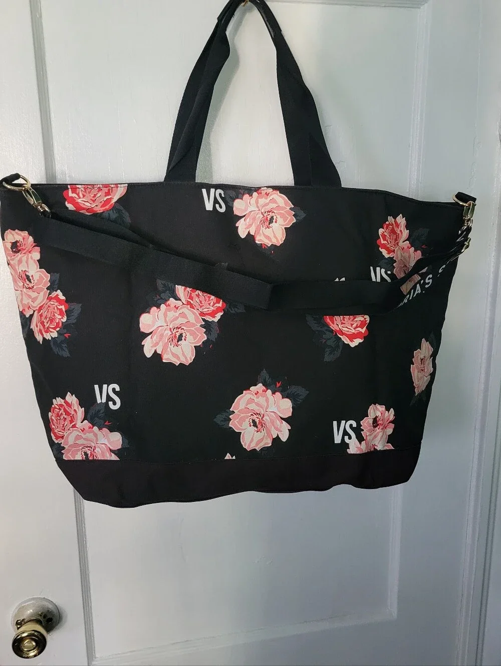 Victoria's Secret Black Tote with Pink Floral Print Shoulder Bag